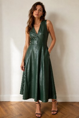 Italian-made faux leather elegant midi dress in forest green