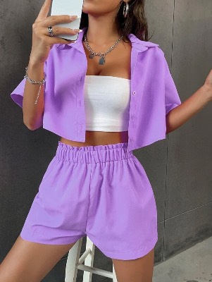 SHEIN Unity Solid Button Front Crop Shirt & Paperbag Waist Shorts