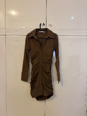Zara Brown Ruched Button-Up Mini Dress 2